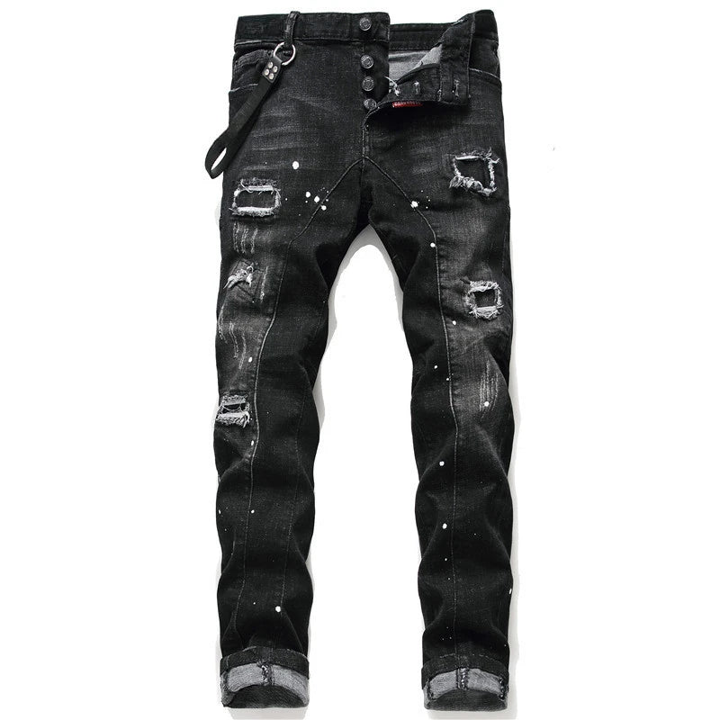 Men Black Ripped Denim Jeans Holes Jeans Italian High Street Style Denim Pants High Quality Male Slim Fit Denim Trousers Size 38