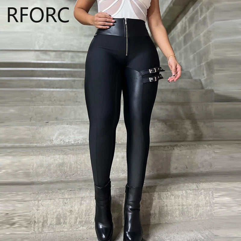 Women Chic Pu Leather Patchwork High Waist Zipper Bandage Skinny Black Pencil Pants