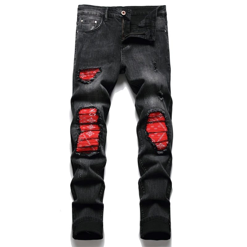 Men Cracked Blue Pleated Patch Biker Jeans Streetwear Holes Ripped Distressed Patchwork Stretch Denim Pants Slim Skinny Trousers