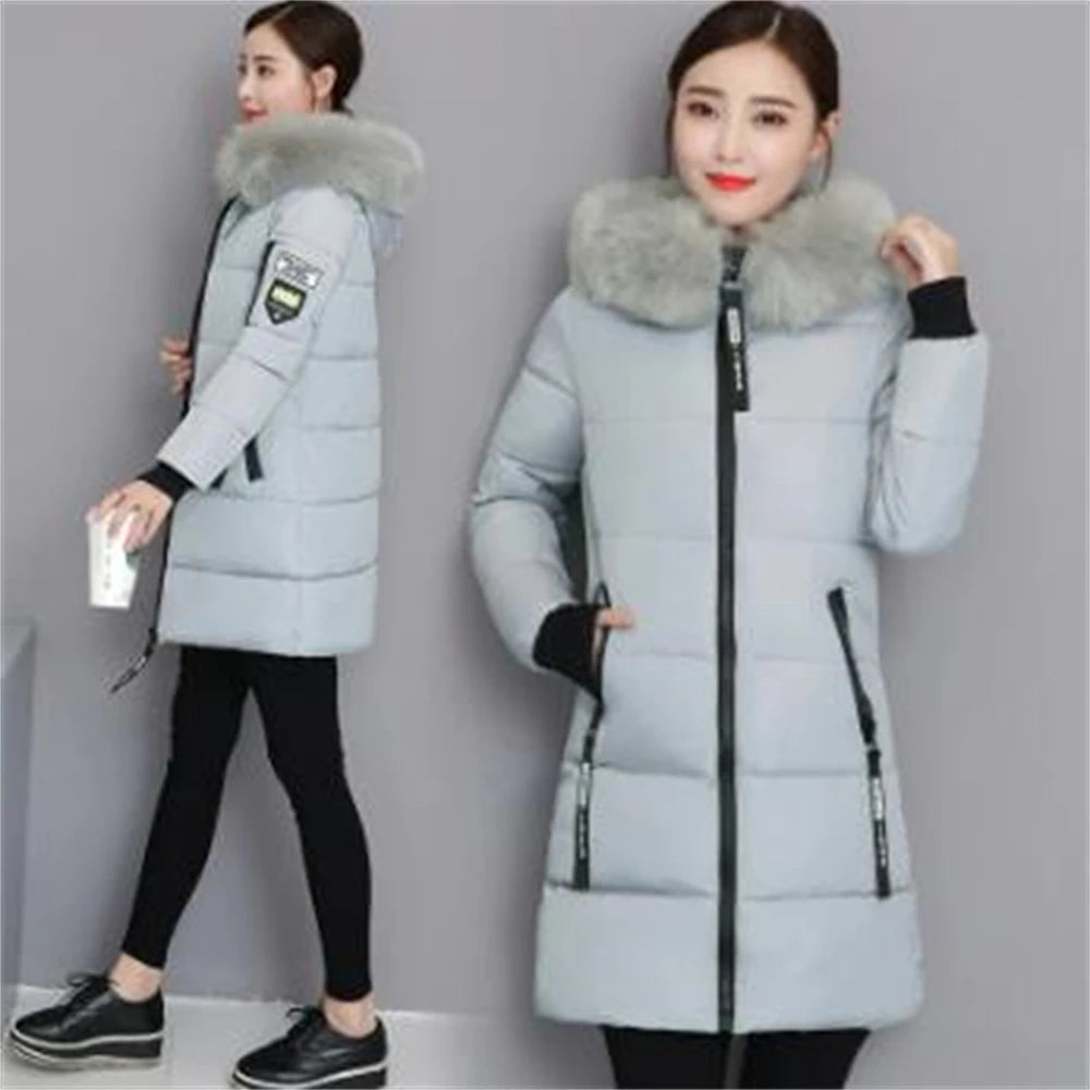 Winterjacke 2024 Koreanische Frauen Parka Große Pelzkragen Mit Kapuze Dicker Warmer Langer Weiblicher Mantel Lässige Outwear Daunenbaumwolljacke Parkas