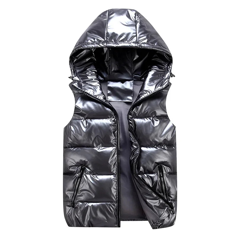 New Men's Hooded Vest Coats Fashion Glossy Waterproof Design Couple Down Cotton Lightweight Casual Waistcoat Male Parkas Vests