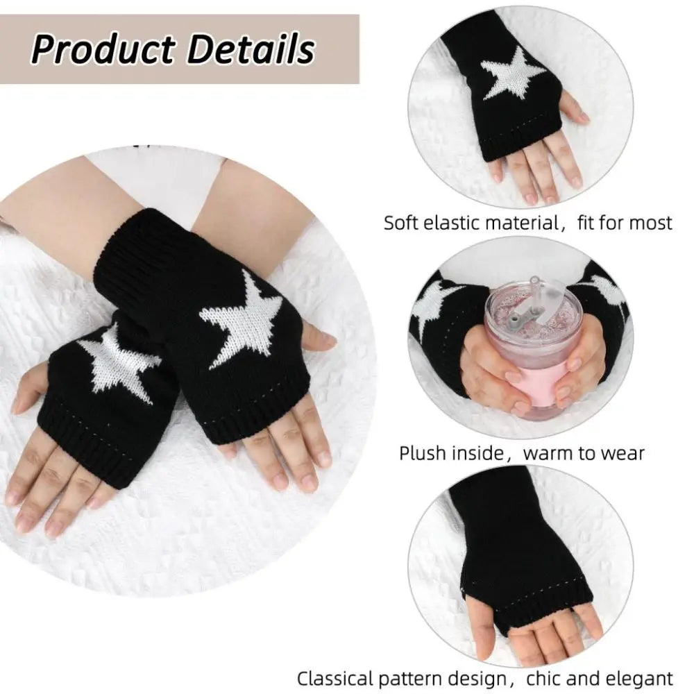 2024 Punk Y2K Knitted Woolen Gloves For Men Women Pentagram Half Finger Warm Soft Mittens Soft Star Hand Fingerless Gloves