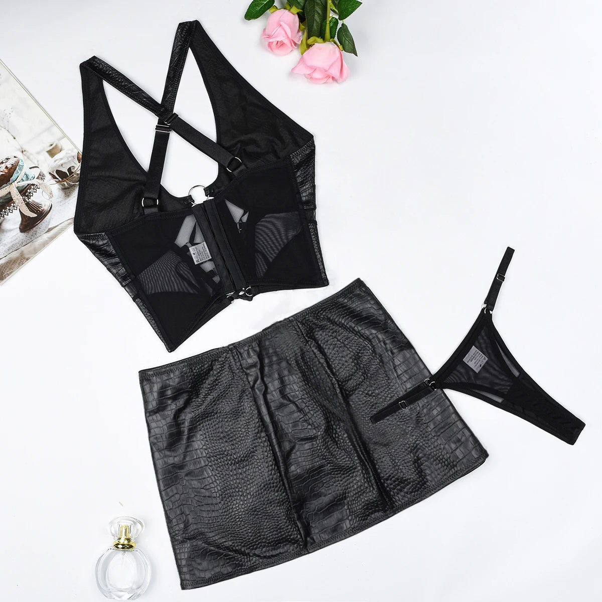 Ellolace Sexy Sets mit kurzen Miniröcken für Damen, 2-teiliges Leder-Outfit, Schnürung, überkreuzter BH, kokett, jugendlich, neu in passenden Sets