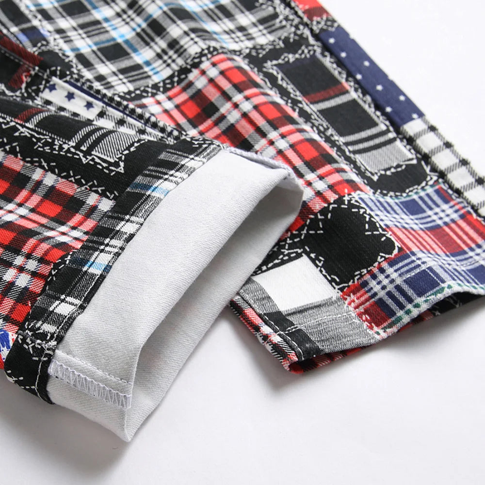 Men Plaid Digital Print Jeans Fashion Patches Patchwork Stretch Denim Pants Slim Straight Trousers