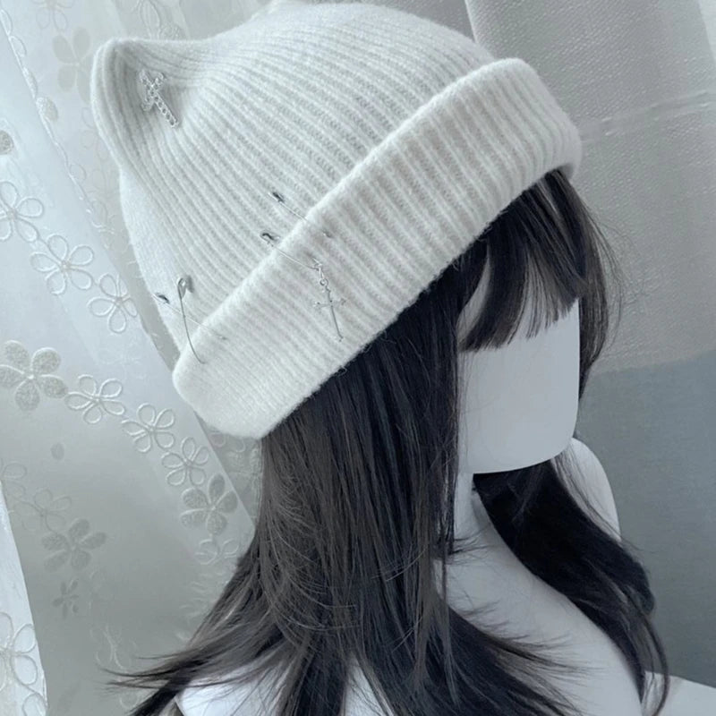 Handwoven Beanie Caps for Female Winter Warm Knitted Hat Y2K Devil Horn Hat for Teens Girl Fashion Anime Hat Headwear