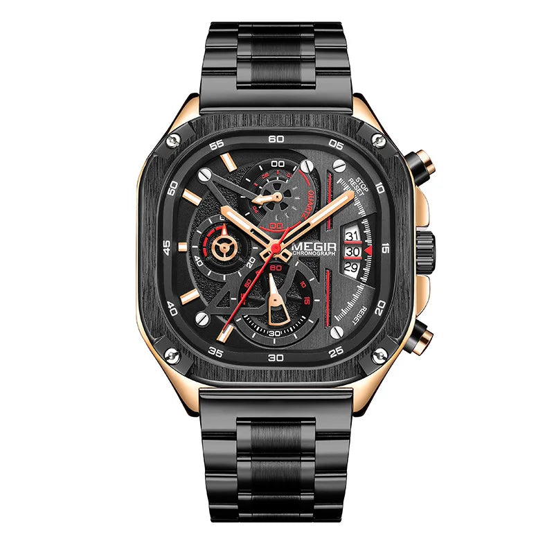 MEGIR 2217 Men Quartz Watch Creative Design Square Dial Chronograph Waterproof Stainless Steel Strap Luminous Date Wristwatch