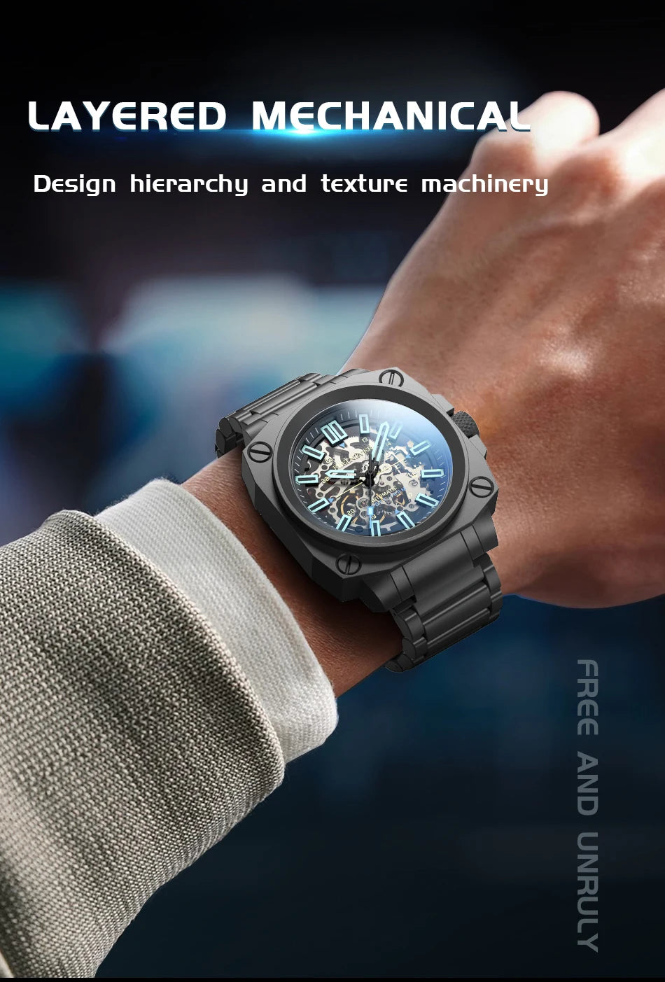 FeelNever Creative Automatic Movement Men's Watches Hollow Fashion Casual Sport Military Leather Waterproof Mechanical Watch+Box