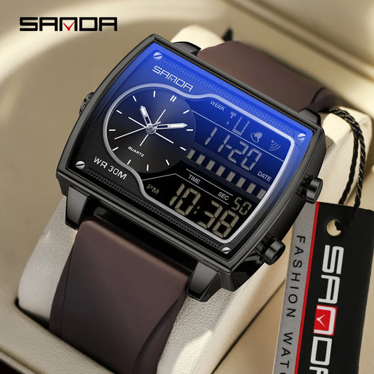 SANDA 6163 Men's Quartz Electronic Square Double Screen Watch Waterproof Countdown Quartz Steel/Leather/Rubber Band Men's Watch