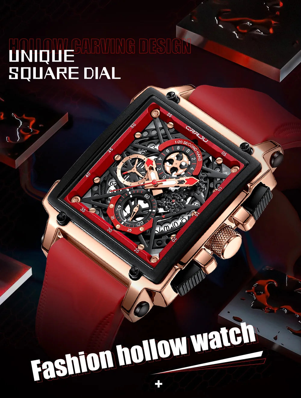 CRRJU Fashion Sports Watches with Large Dial Unique RectangularHollow Design Quartz Wristwatches with Chrongraph Auto Date