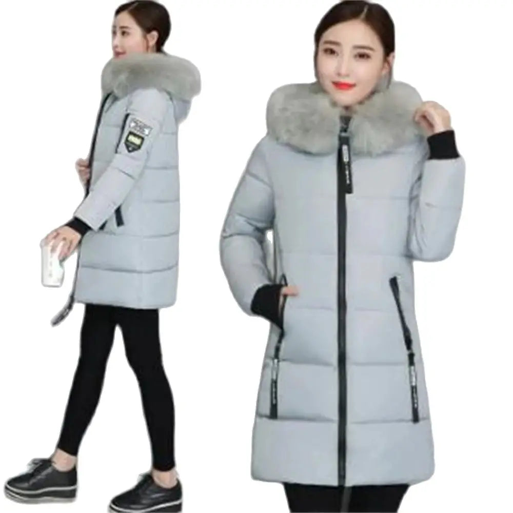 Winterjacke 2024 Koreanische Frauen Parka Große Pelzkragen Mit Kapuze Dicker Warmer Langer Weiblicher Mantel Lässige Outwear Daunenbaumwolljacke Parkas