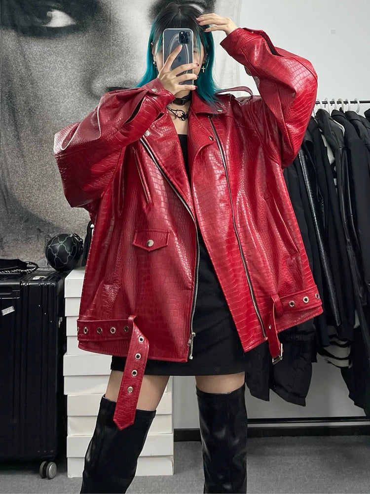 Lautaro Frühling Herbst Übergroßen Rot Glänzend Krokodil Muster Leder Biker Jacke Frauen Langarm Zipper Gürtel Coole Mode 2022