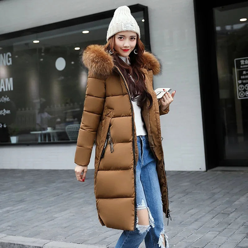 2024 Women's Down Parkas Winter Jacket Big Fur Collar Thick Slim Coat Fashion Hooded Cotton Outerwear Long Winter Woman Coat