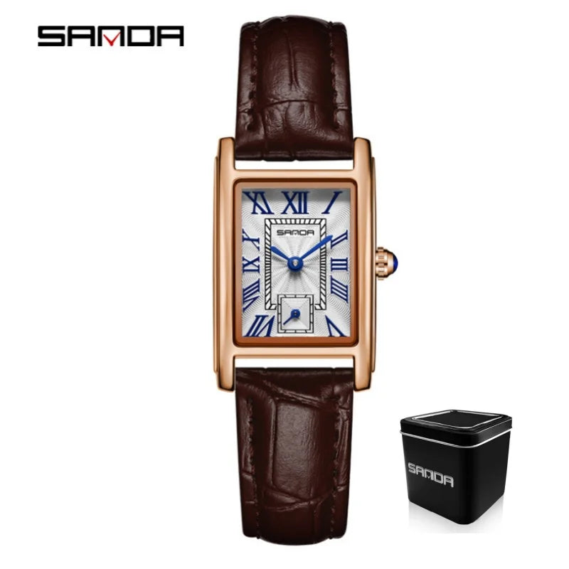 SANDA 1116 Quartz Watch Women Elegant Design Watches Rectangle Dial Waterproof Steel Leather Business Ladies Wristwatches Gift