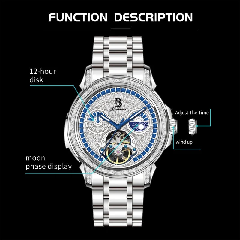 Men's Mechanical Watch Winding 316L Steel Bracelet BRUBOSES Automatic Movement Waterproof Fashion Sports Wristwatch Montre Homme