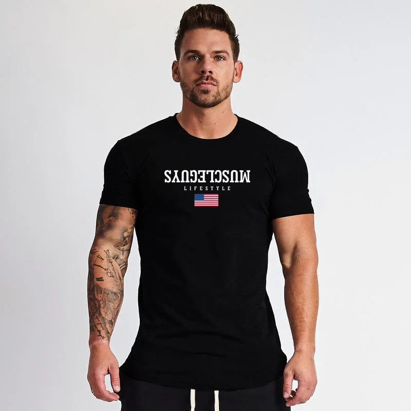 2023 Hot Sale Short Sleeve Cotton Men Casual Rounded Hem Cotton T-Shirt Summer Breathable Cool Feeling Gym Fitness Muscle Shirt