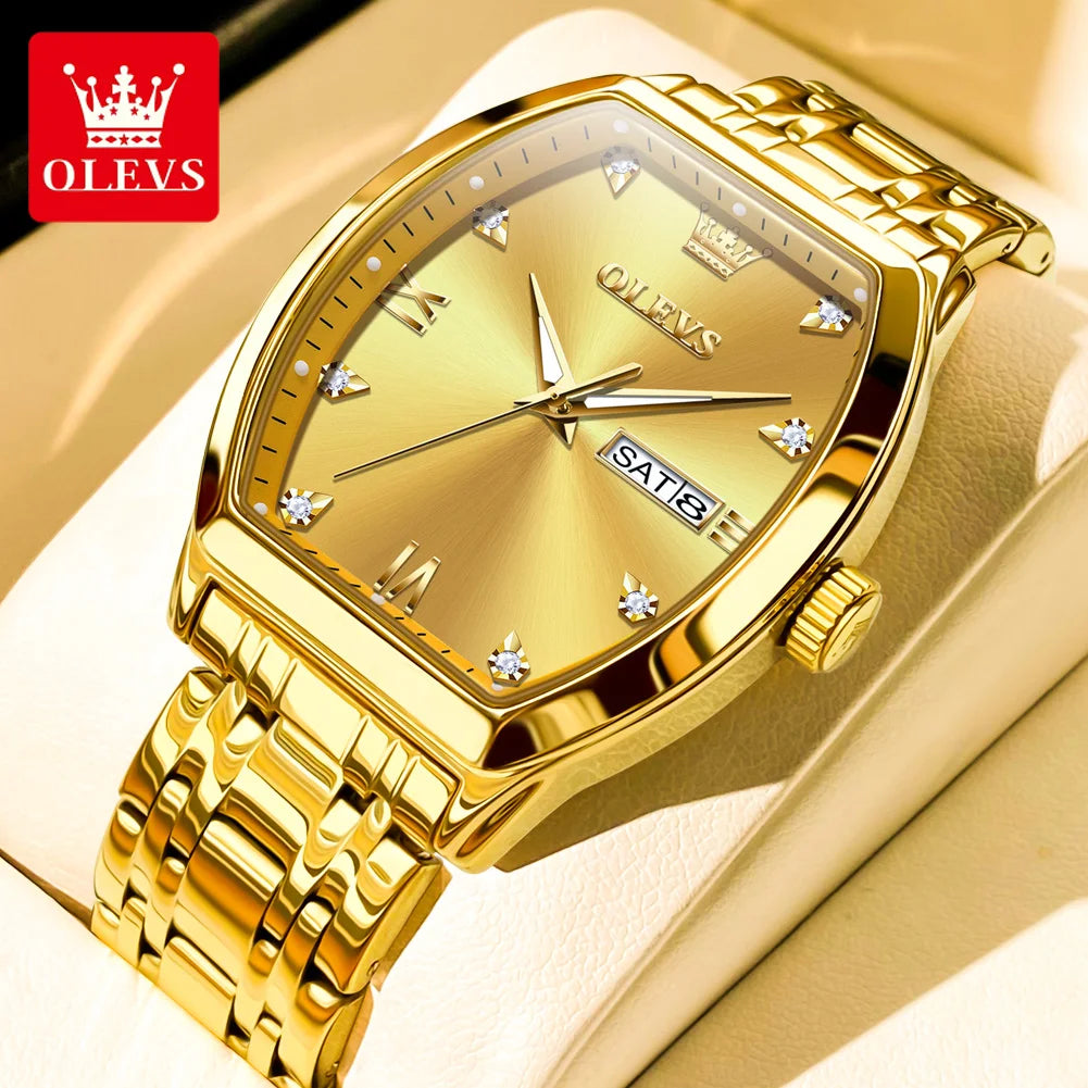 OLEVS Herrenuhren Luxus Tonneau Original Top-Marke Quarzuhr für Männer Wasserdicht Leuchtende Wochendatum Männliche Armbanduhr