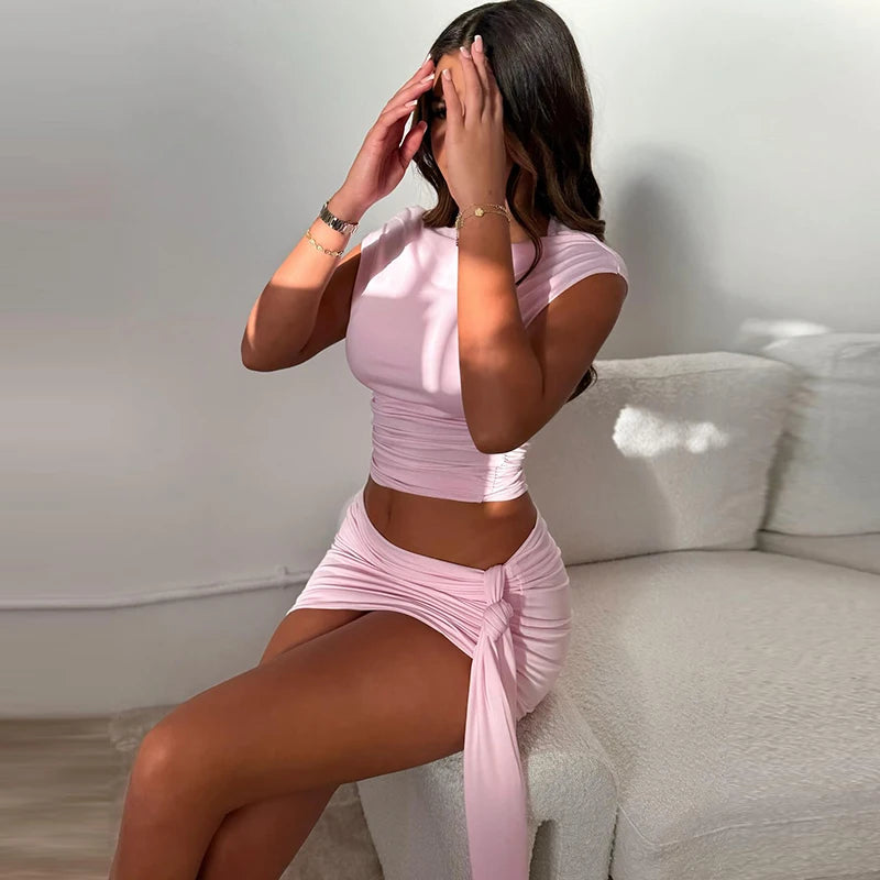 CUTENOVA Solid Color Pleated Backless Sexy Twopiece Set 2024 Off Shoulder Mini Shkirt Women Set Elegant Evening Party  2 Pieces