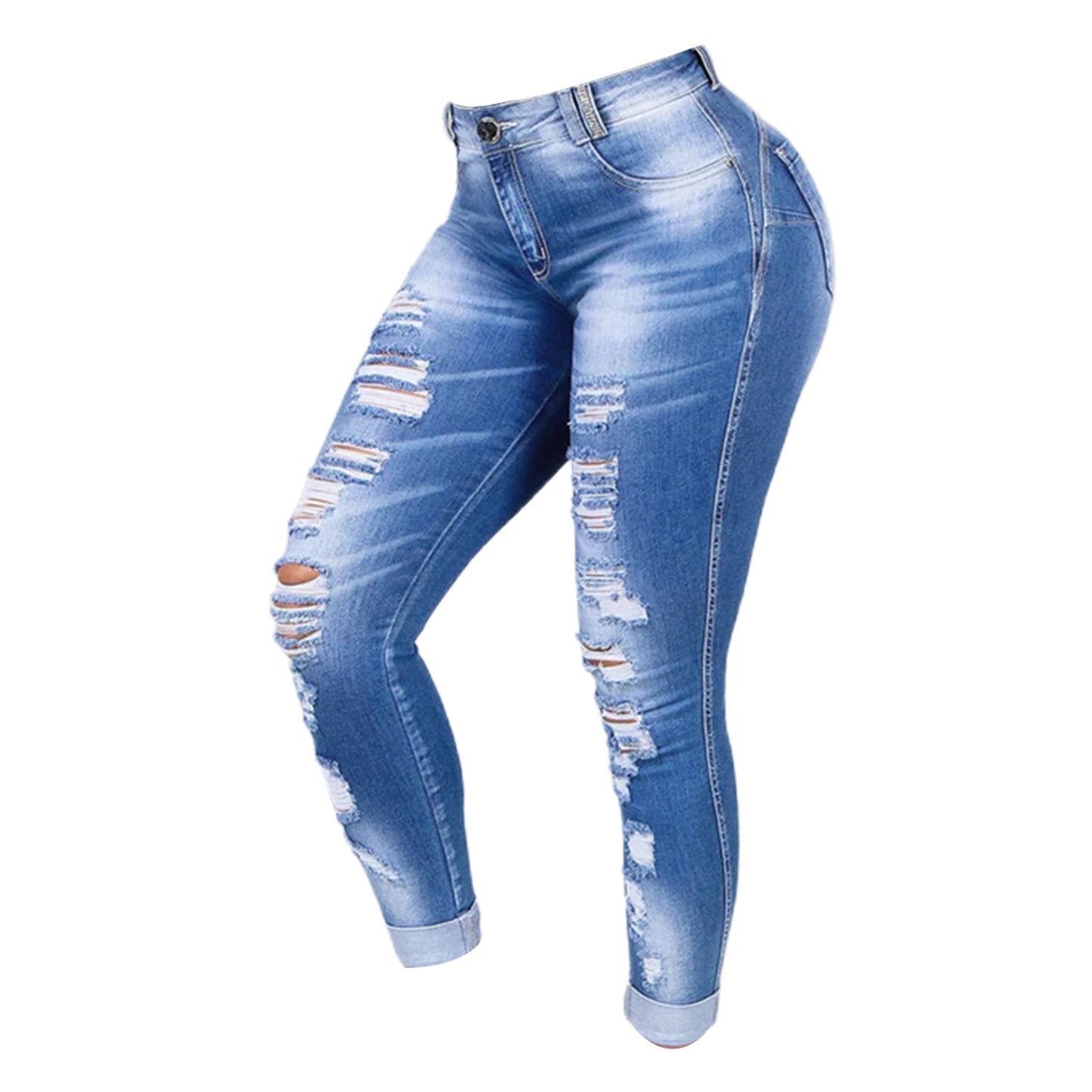 Women Fashion Hip Hop Broken Holes Denim Jeans Cord Ripped Pencil Pants