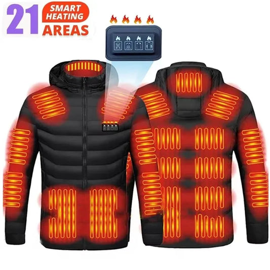 Heated Jacket, USB Intelligent Dual Control Switch 9-21 Zone Heated Jacket, Men's Women's Warm Cotton Jacket with Removable Hood