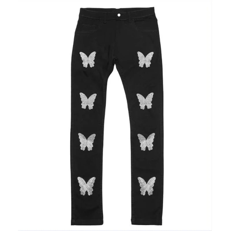 y2k Men Stretchy Ripped Skinny Black Jeans Slim High Quality Hole Trousers Aesthetic Rhinestones Streetwear Denim Pencil Pants