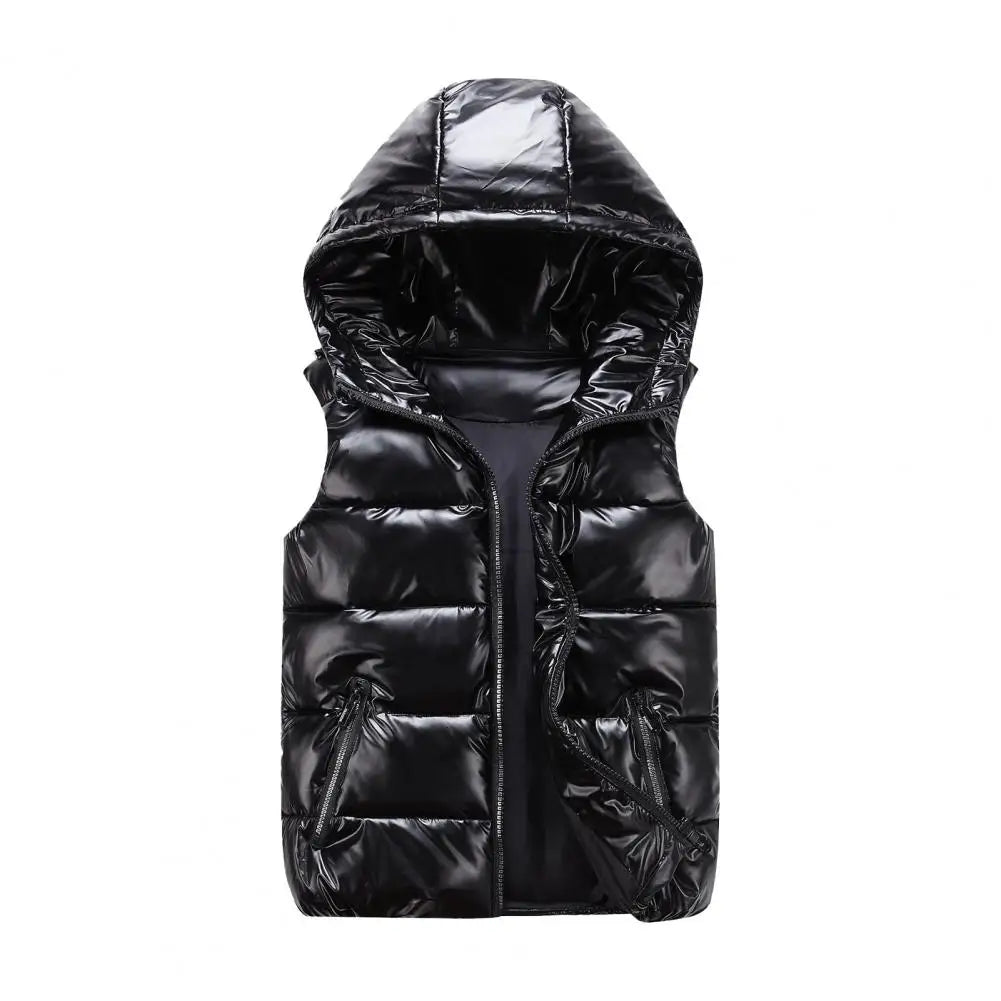 Warm Men Zippered Vest Men's Cotton Hooded Sleeveless Quilted Vest with Zipper Placket Pockets Autumn Winter Solid Color Glossy