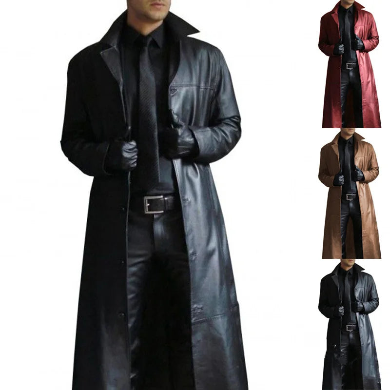 2023 Men Faux Leather Trench Fashion Long Sleeve Autumn Windbreaker Coat Slim Leather Long Leather Jacket Men's Jacket Outwear