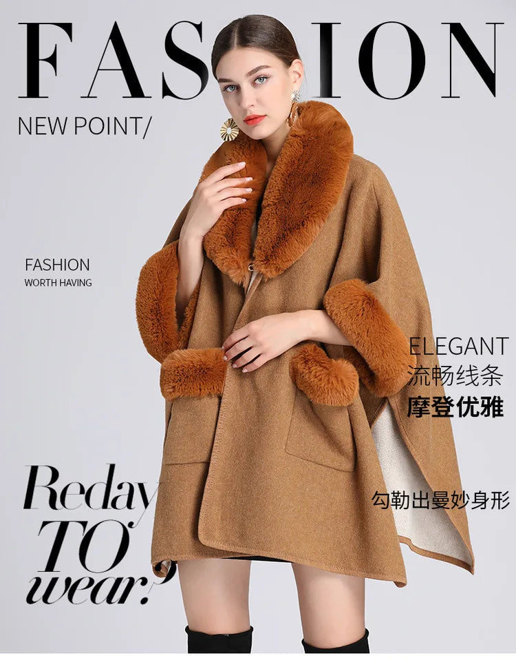 Autumn/winter New Style European American Fashion Loose Fit Woolen Jacket Cardigan Women's Imitation Rabbit Fur Collar E2018