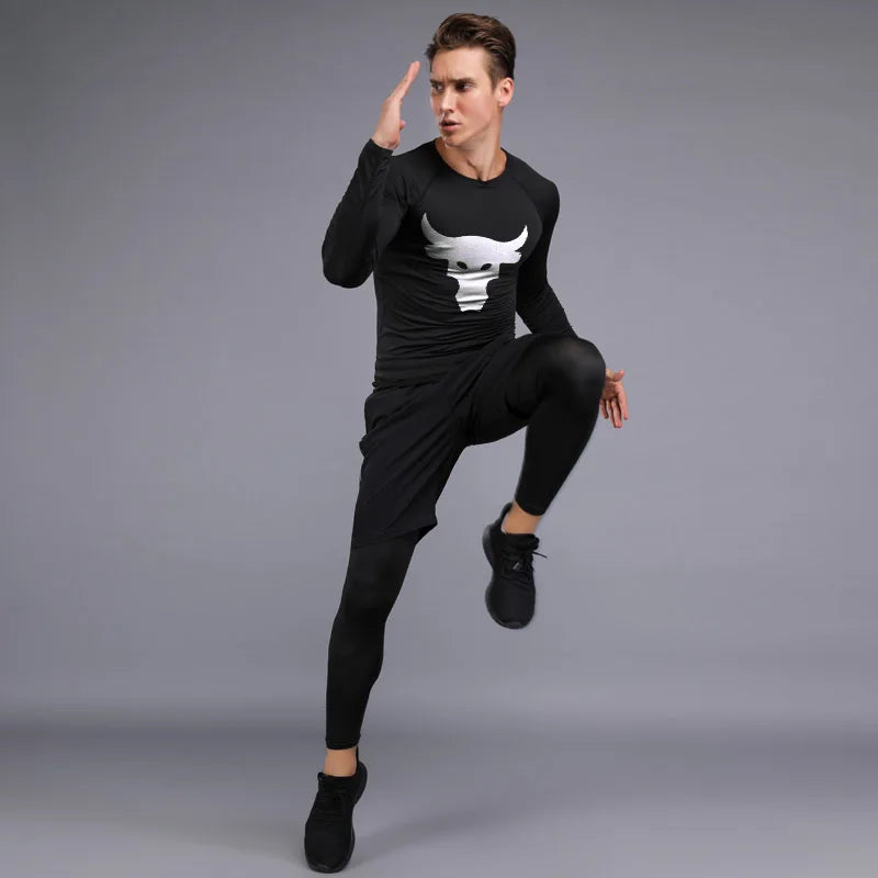 Men Running Compression Sweatpants Gym Jogging Leggings Basketball Football Shorts Fitness Tight Pants Outdoor Sport Clothes Set