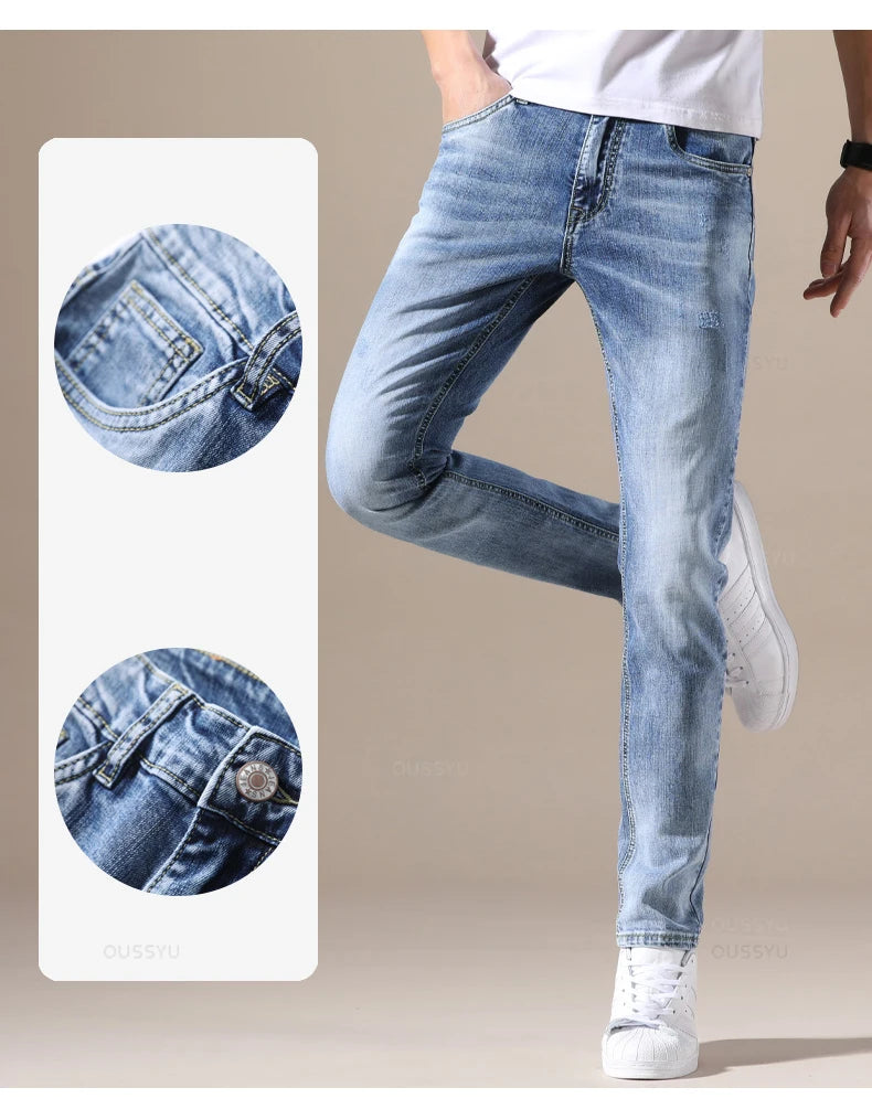 OUSSYU Brand Clothing Jeans Men High Quality Stretch Light Blue Denim Fashion Pleated Retro Pocket Skinny Trousers Pants 28-40