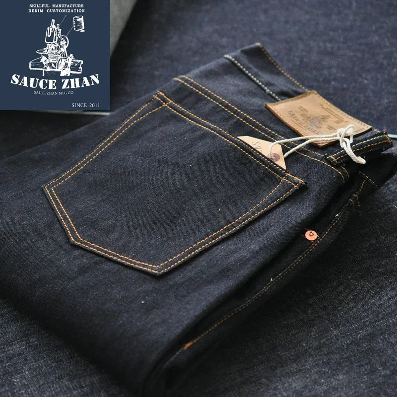 Saucezhan 314XX Mens Jeans Sanforized  Selvedge Denim Jeans for man Indigo and Black Jeans Zipper Fly Slim Fit