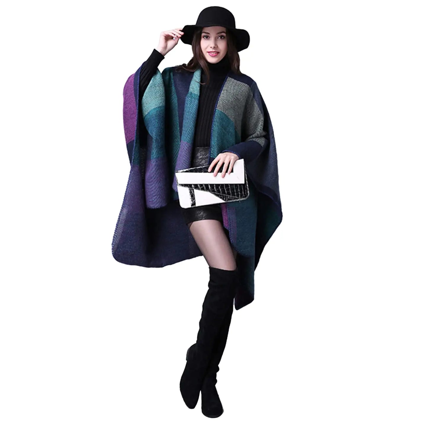 Thicken Winter Shawl Wraps Cape Women Fall Ponchos Plus Size Block Plaid Open Front Sweater Fleece Scarf Coat Holiday Outfits