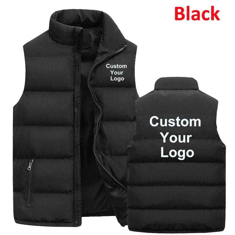 Fashion Men's Custom Your Logo  Casual Jacket Fashionable Warm Down Vest Slim Fit Sleeveless Thicken Stand Collar Vest Jacket