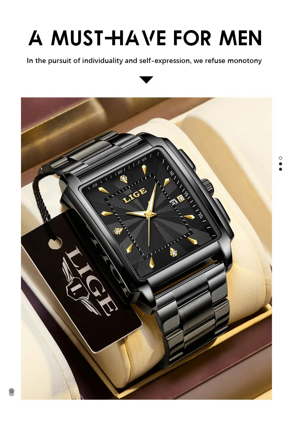 LIGE Watch Man Square Fashion Men Watches Top Brand Luxury Golden Quartz Stainless Steel Waterproof Wristwatch Relogio Masculino