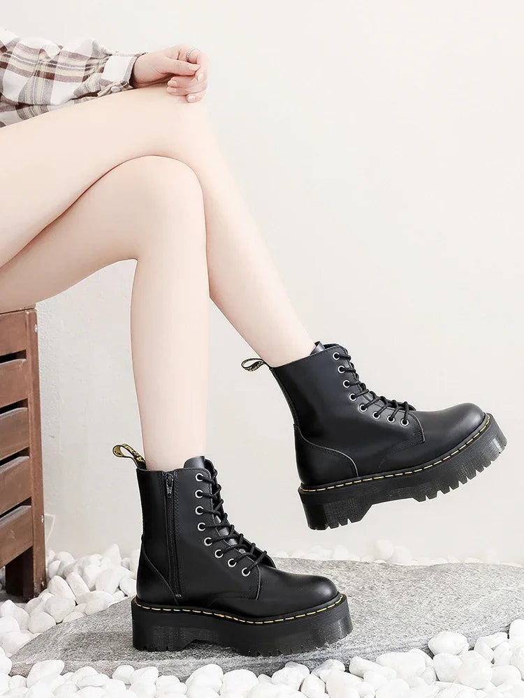 Original Women Platform Boots Leather Men Thick Sole Ankle Sexy Female Punk Motorcycle Shoes Combat Booties plus Size