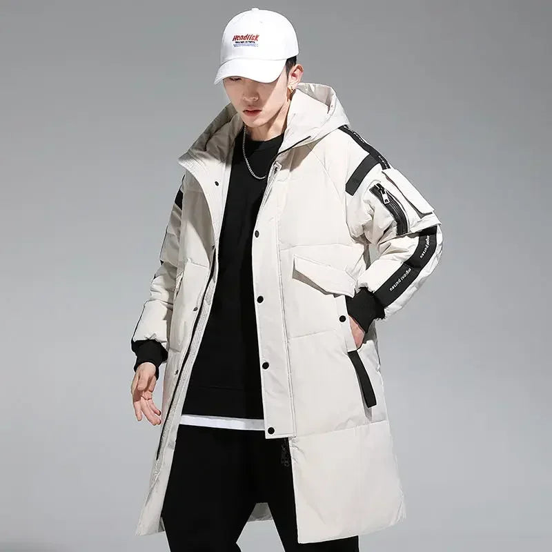 Men's Parkas Hooded New Over-the-knee Overcoat Thickened Mid-length Jacket Zipper Buttons Winter White Duck Down Jackets