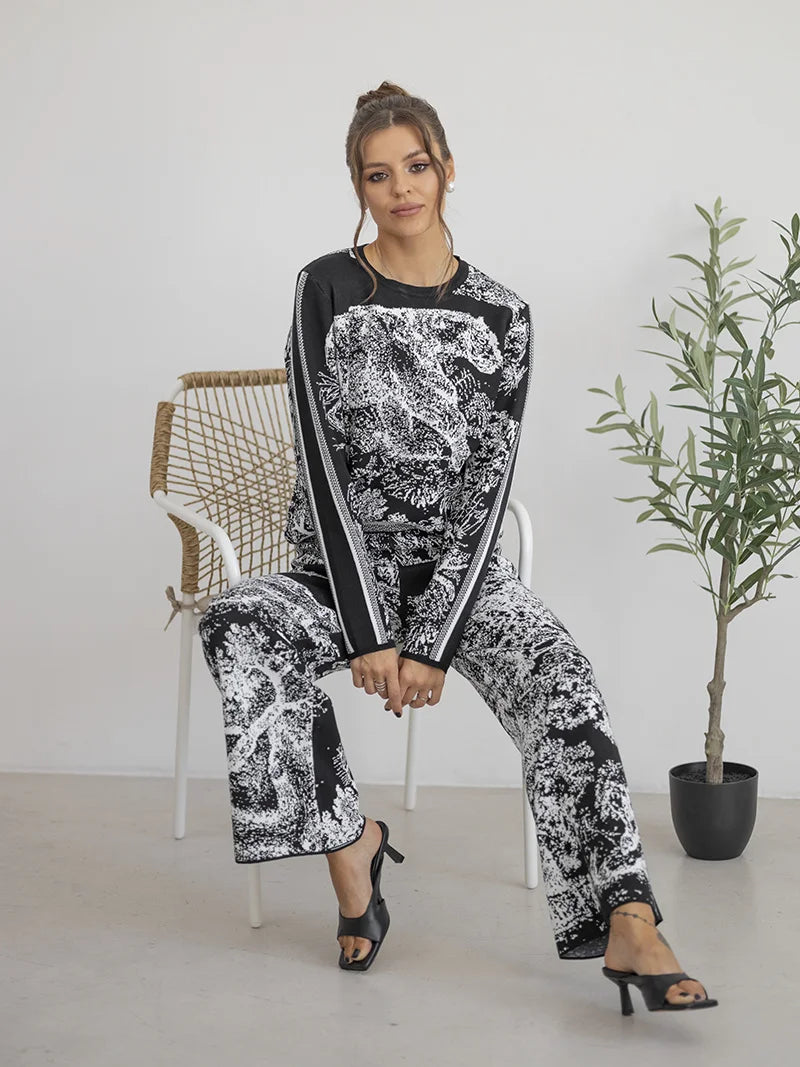 Ink Tiger Knit Two Piece Set Casual Winter Loungewear Tracksuit Women Sweater Matching Sets 2 Piece Knit Pants Sets For Women