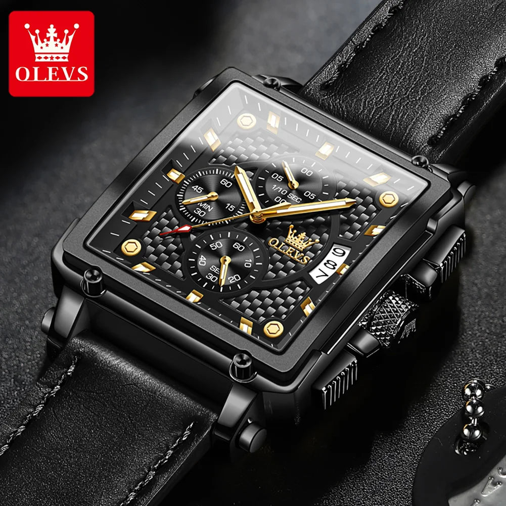 OLEVS Top Brand Men's Square Quality Quartz Wristwatch Chronograph Waterproof Original Watch for Man Luminous Date Luxury