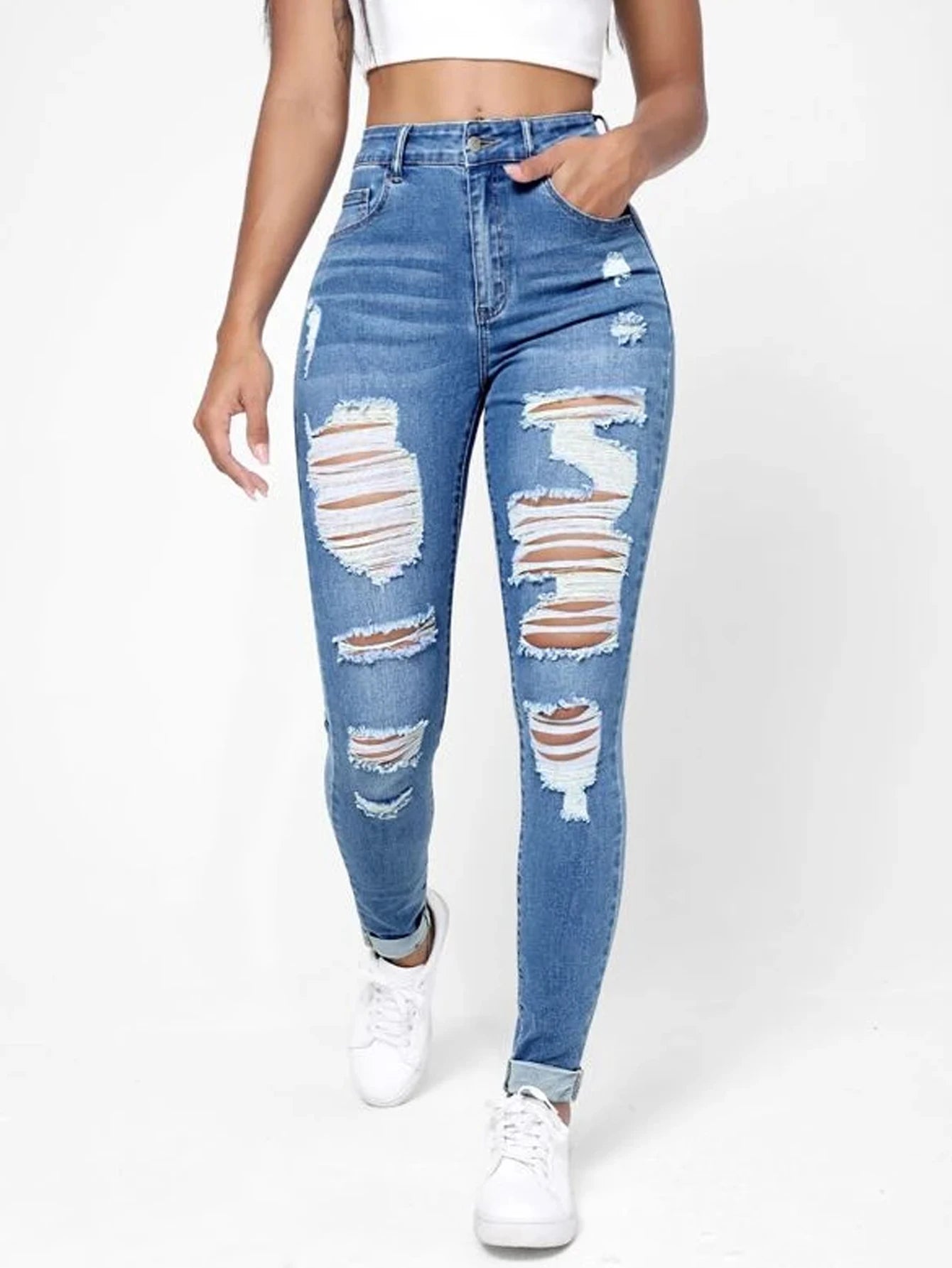 Ripped Holes Casual Skinny Jeans Autumn, Slash Pockets Distressed Single-Breasted Button Mid Waist Denim Pants