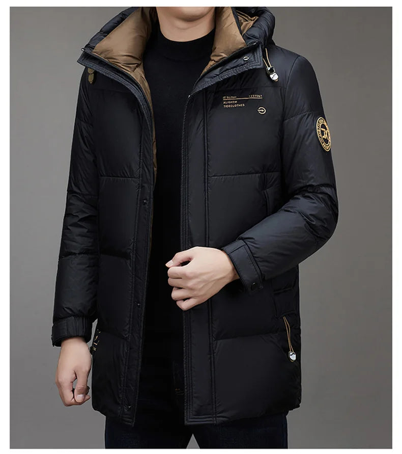 Light Luxury Down Jacket Men's Long Winter 2024 Trendy 90% White Duck Down Warm Coat Business Casual Hat Lightweight Down Jacket