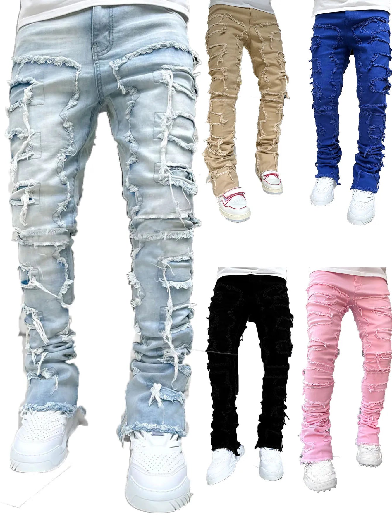 Fashion Streetwear Men's Regular Fit Stacked Jeans Ripped Slim Fit Patch Distressed Destroyed Straight Denim Pants 2024 S-3XL