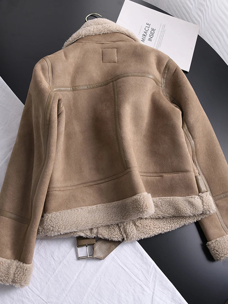 Ailegogo Winter Women Thick Warm Suede Lamb Jacket Short Motorcycle Brown Coats Faux Shearling Sheepskin Leather Jackets Outwear