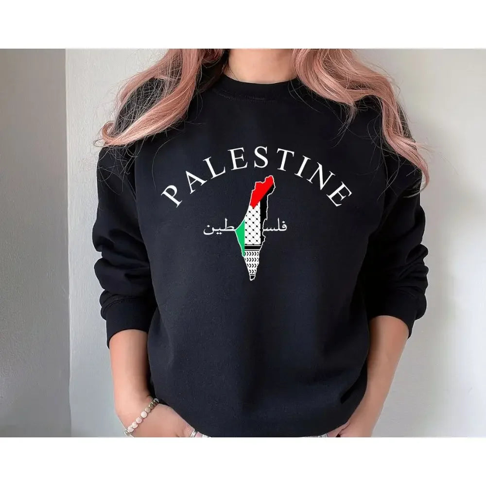 Palestine Map Sweatshirt Palestinian Arabic Name Printed Sweater Palestinian Adult Pullover Palestinian Crewneck Sweatshirt