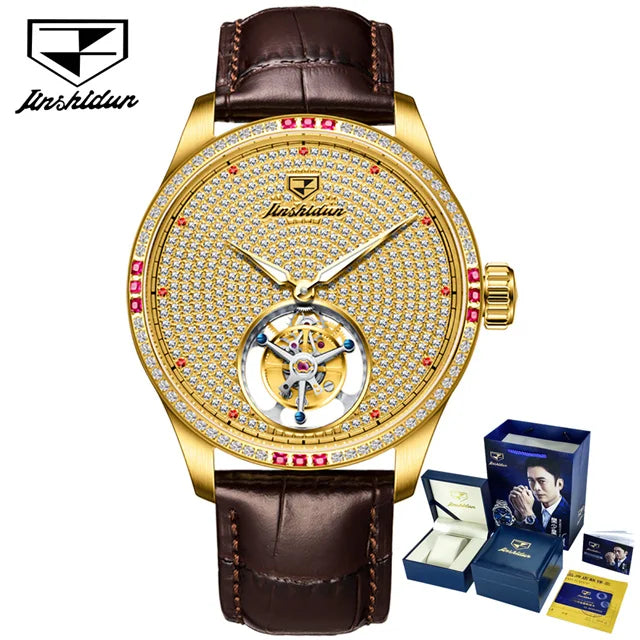 JSDUN Fully Diamond Tourbillon Automatic Watch for Men Genuine Leather Strap Sapphire Mirror Luxury Mechanical Man Wrist Watches