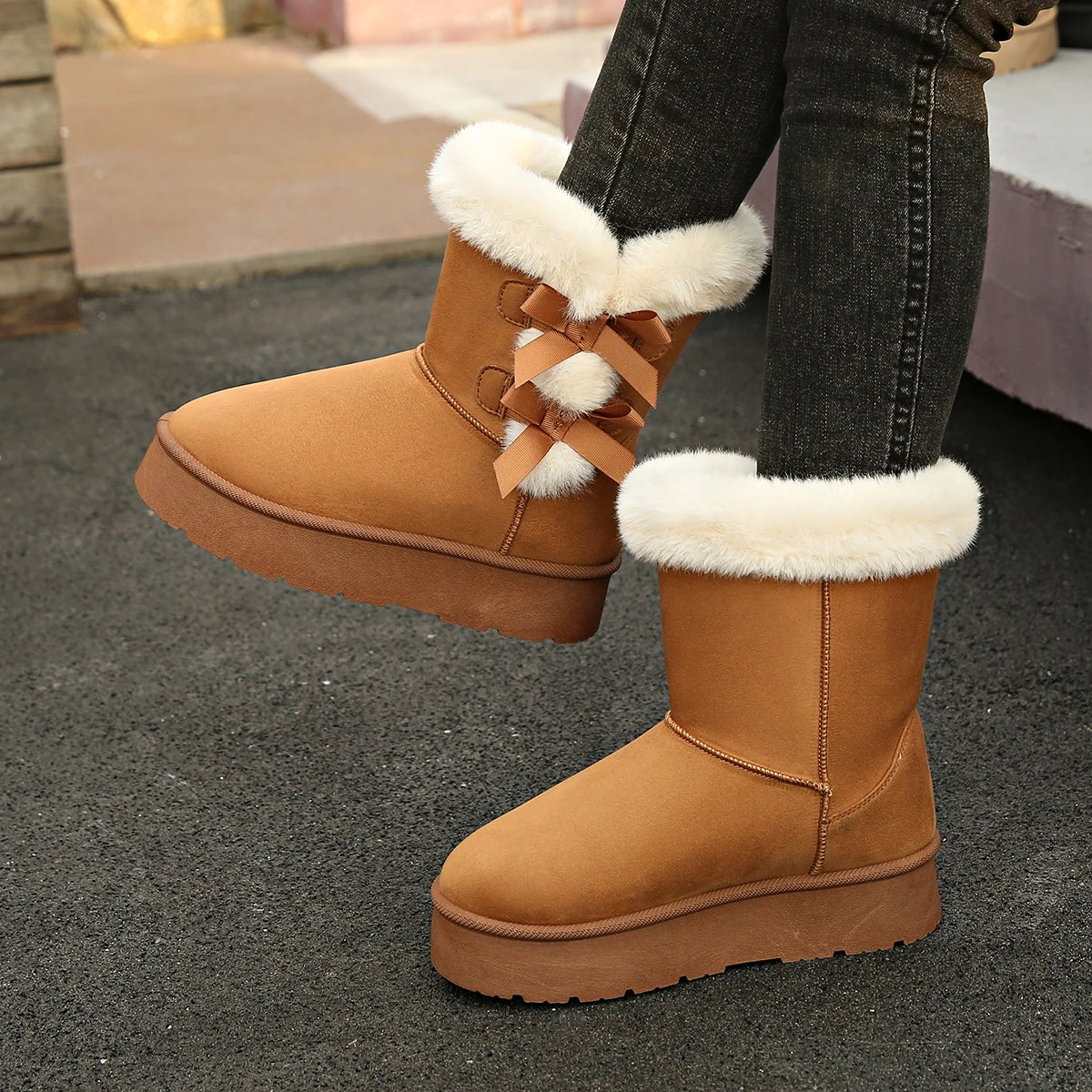 Winter Mid-calf Boot Women Plus Velvet Thick Sole Non-slip Fashion Bow Knot Women Boots Classic Retro Solid Color Shoes Women