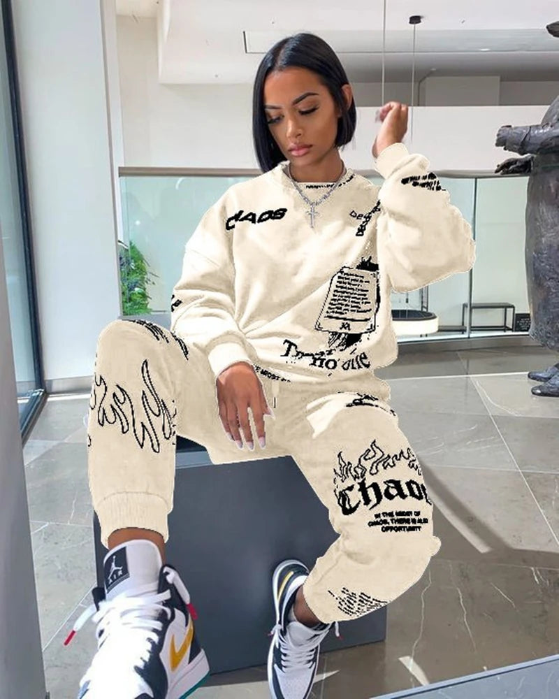 Women Outfit Letter Print Loose 2 Two Piece Set Streetwear Tracksuit Sweatshirt Joggers Pants Matching Ensemble Femme 2 pieces