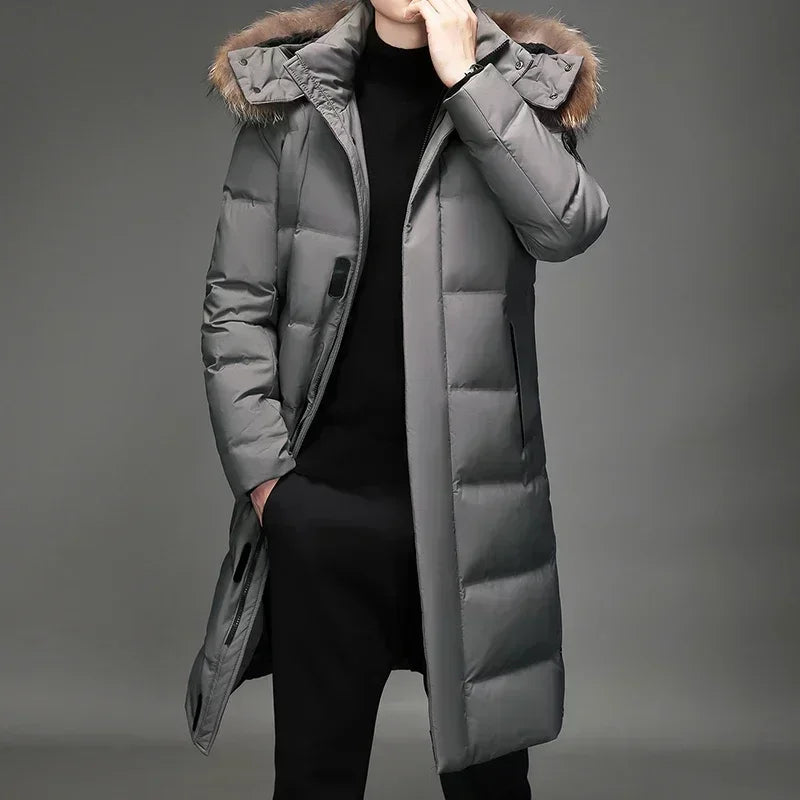 Luxury Long Down Jacket Men's Winter Korean Style Detachable Fur Collar Cap White Duck Down Warm Coat Brand Lightweight Parka