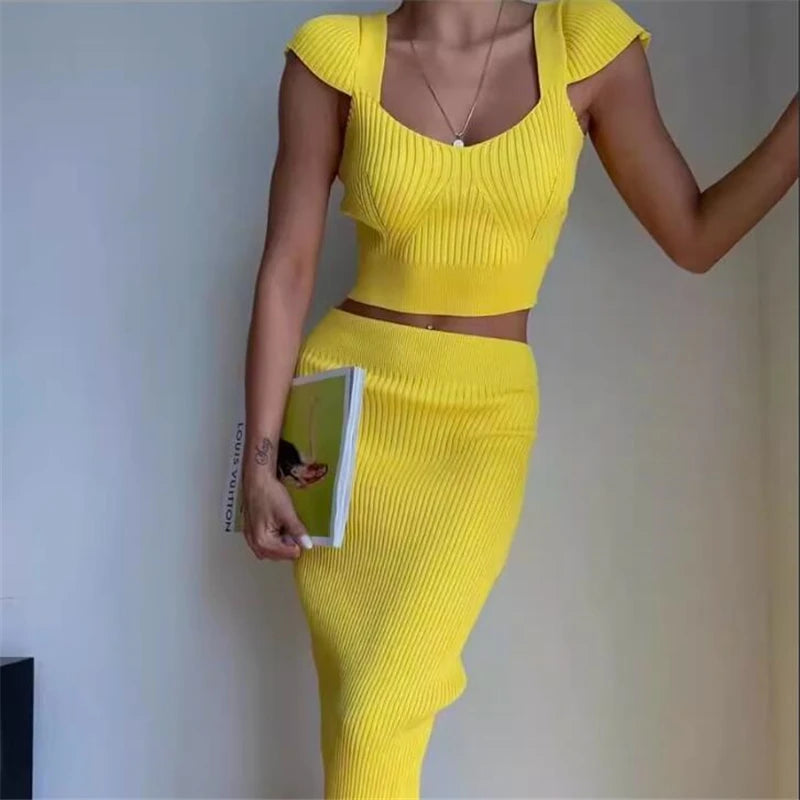 REALEFT Summer 2 Pieces 2024 New Sexy Women's Sets Knitted Tracksuits Ruffles Tank Tops and Knitted Wrap Pencil Skirts Female