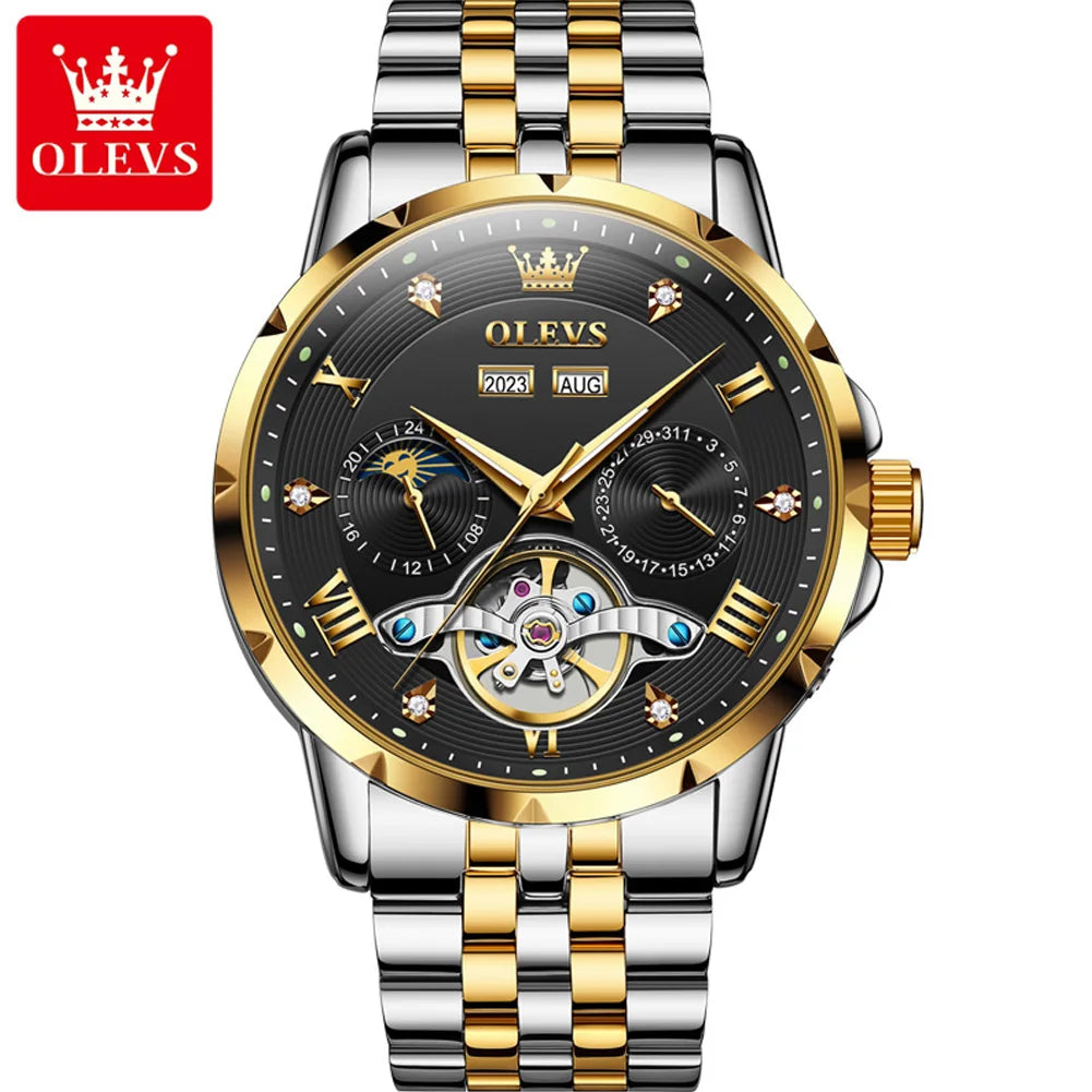 OLEVS 6691 Men's Automatic Mechanical Wristwatch Luxury Skeleton Flywheel Design Moon Phase Waterproof Original Brand Man Watch