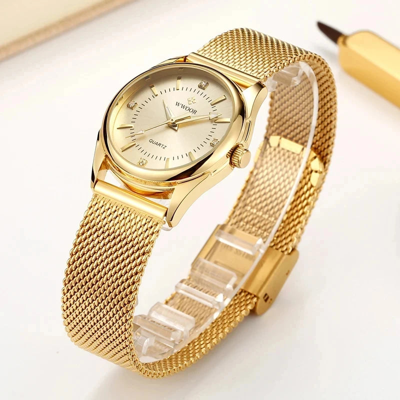 WWOOR Luxury Brand Dress Gold Watch Ladies Elegant Diamond Small Quartz Wrist Watches For Women Steel Mesh Clock zegarek damski