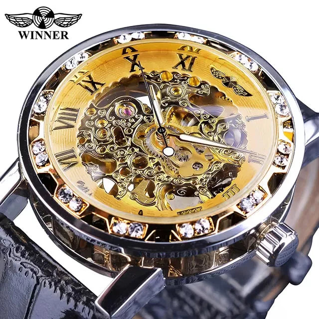 Fashion Winner Black Leather Band Stainless Steel Skeleton Mechanical Watch For Man Gold Mechanical Wrist Watch Luxury Brand